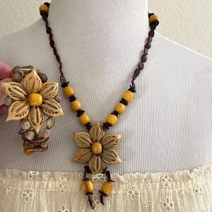 Vintage Flower Wood Seed Brown Yellow Boho Natural Necklace & Bracelet